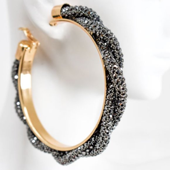 3" Braid Twist Hematite Rhinestone Hoop Earrings - Picture 10 of 12